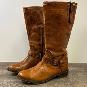 Bed|Stü Tan Distressed Leather Mid Calf Moto Boots Women’s Size 10